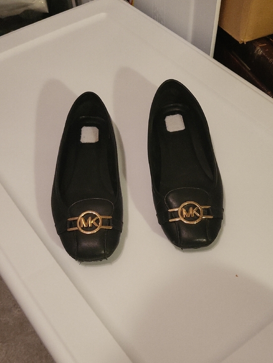 Michael Kors Shoes - Michael Kors Black Leather Logo Ballet Flats with Gold Accent